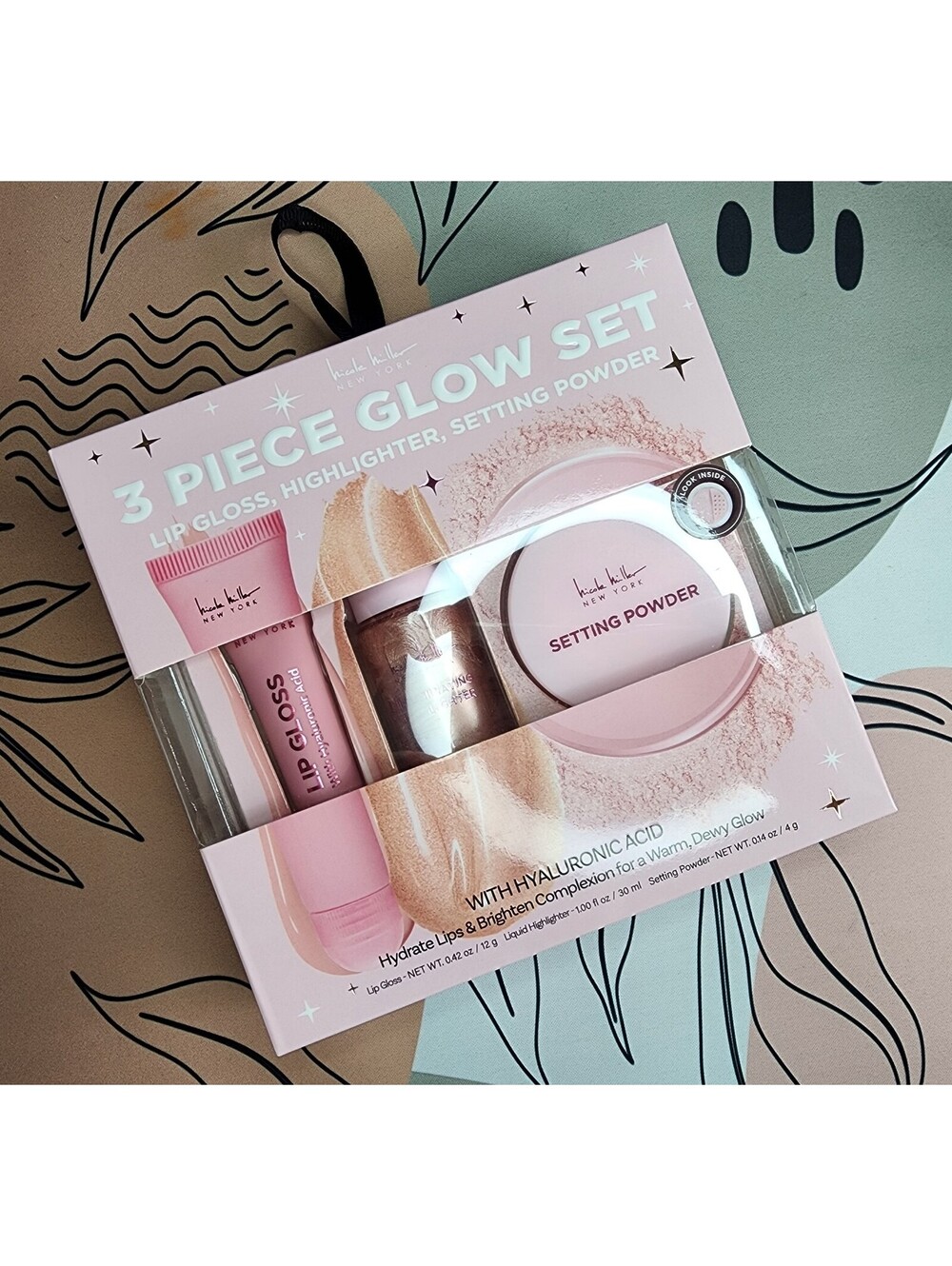 Nicole Miller 3 Piece Glow Set - Lip Gloss, Highlighter, Setting Powder